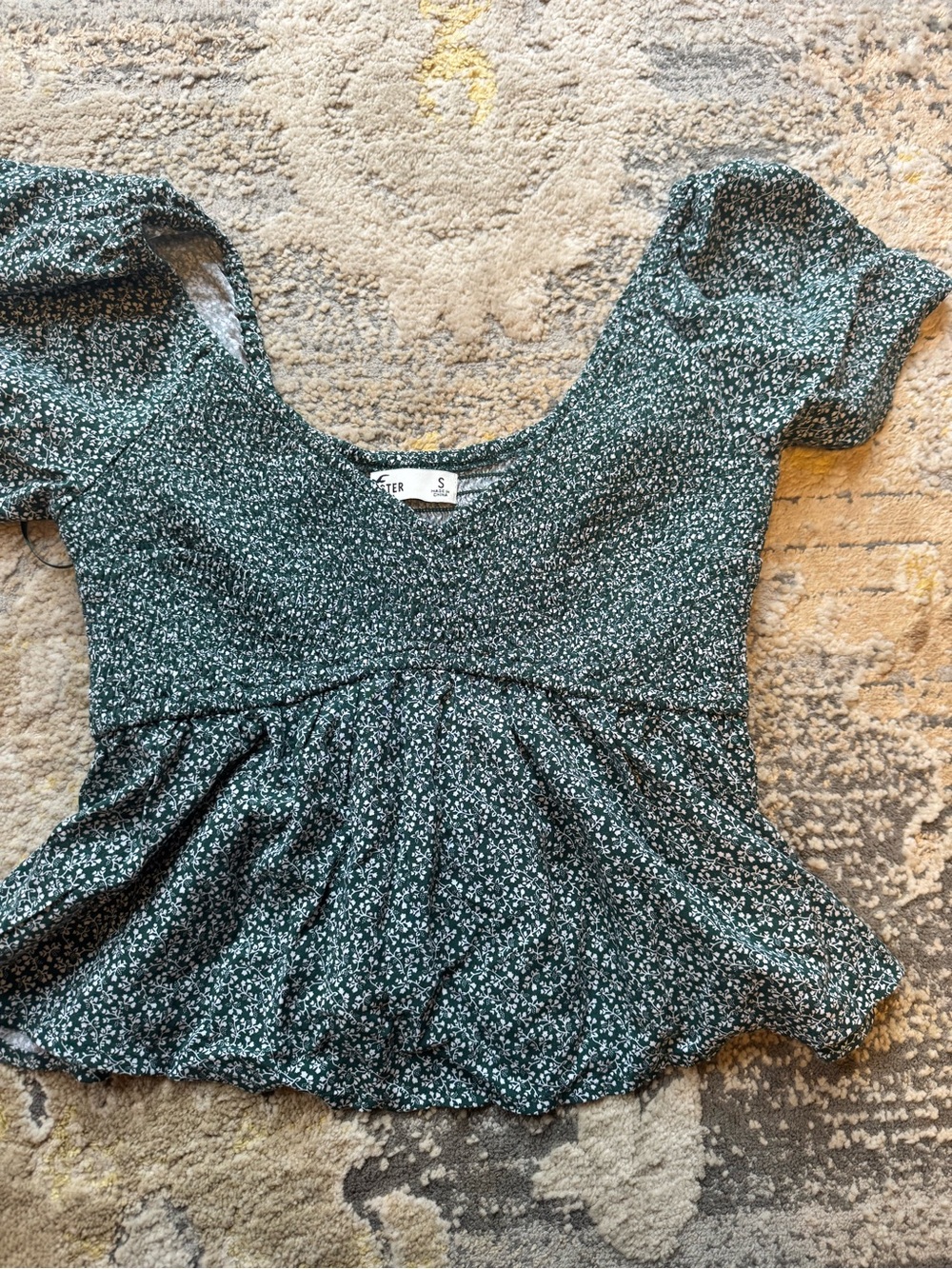 Hollister Dark Green Micro Floral Peplum Top
